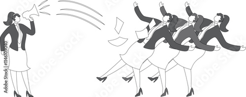 Roaring megaphone scolding a row of businesswomen