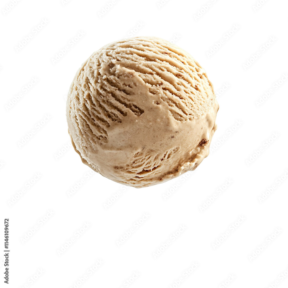 Extreme front view of a hyperrealistic single ball of chai vanilla ice cream levitating in mid-air isolated on a white transparent background Extreme front view of a hyperrealistic single ball of chai vanilla ice cream levitating in mid-air isolated on a white transparent background