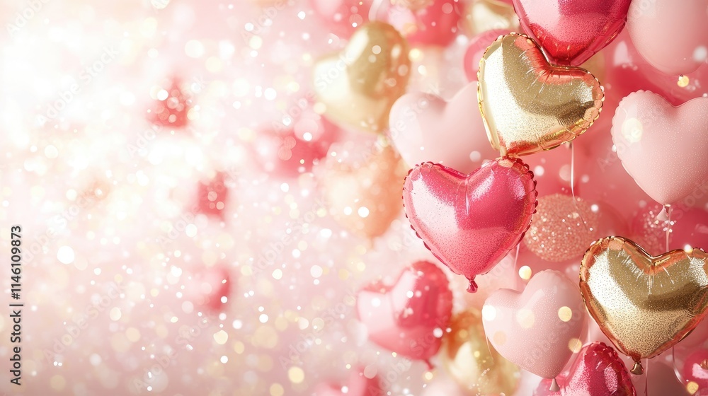 Golden hearts on a pink background. Selective focus. Golden hearts on a pink background. Selective focus.