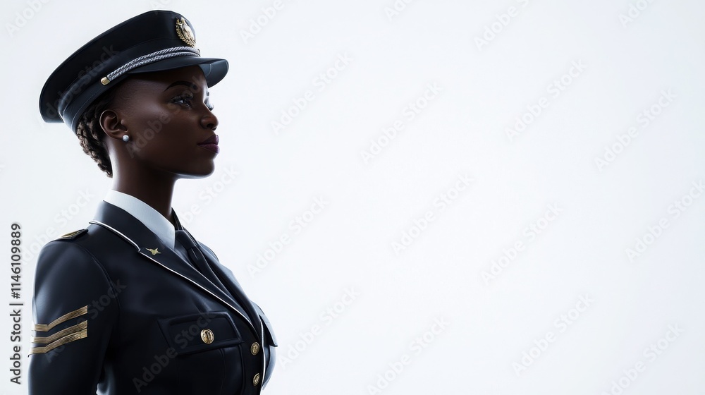 Profile of a Female Officer in Uniform Against a Plain Background Profile of a Female Officer in Uniform Against a Plain Background