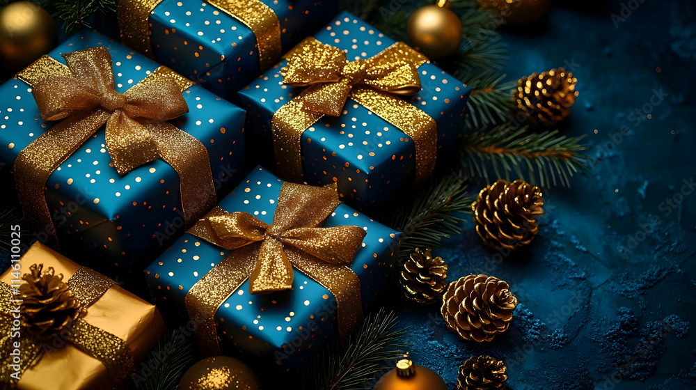 Fototapeta premium Elegant Gold & Blue Gifts Wrapped for Festive Season