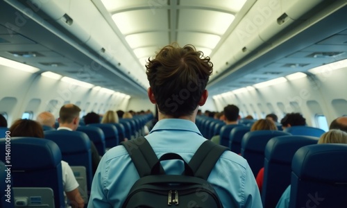 airplane interior passenger perspective narrow aisle overhead compartments photo