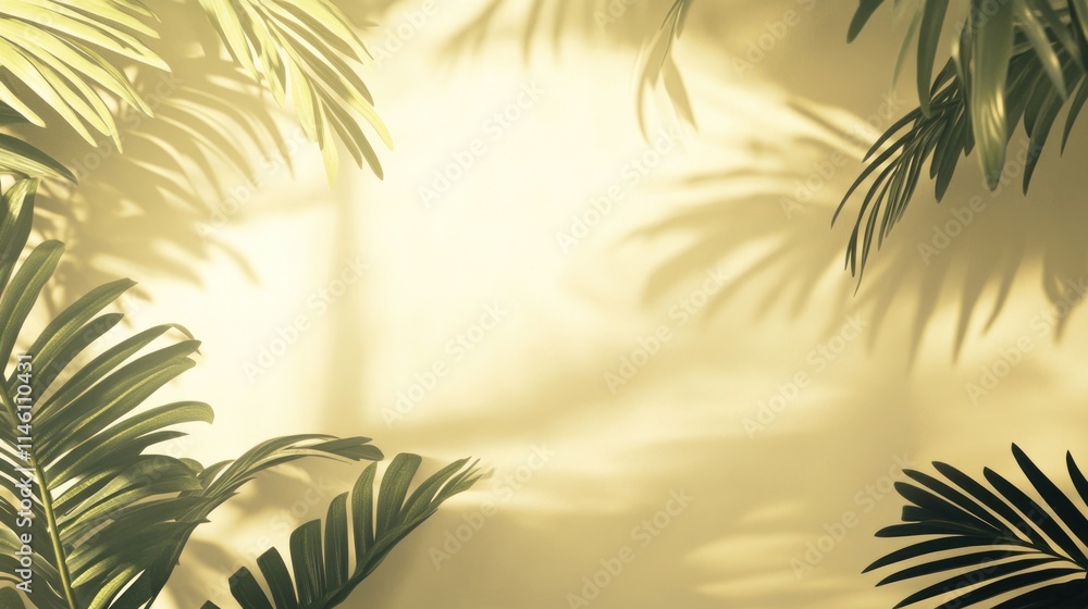 Palm Leaves and Shadows Against a Soft Yellow Background Palm Leaves and Shadows Against a Soft Yellow Background