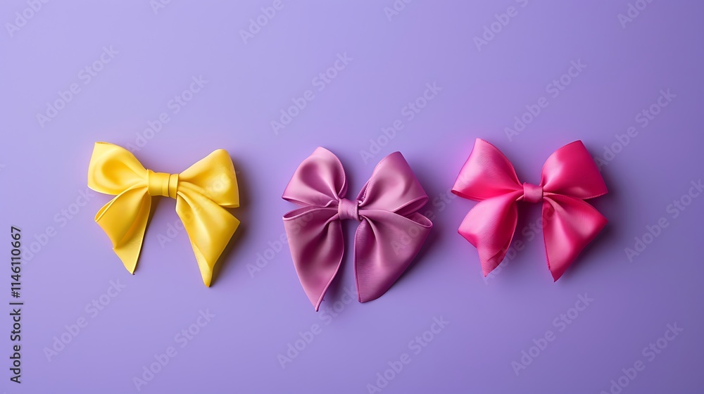 Set of hair clips with pink and yellow bows isolated on purple background Set of hair clips with pink and yellow bows isolated on purple background