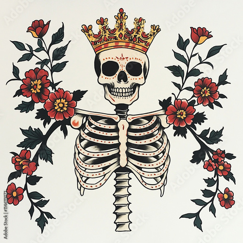 Skull and Crown Chest tattoo flash illustration photo