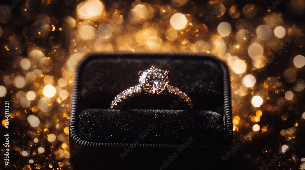 Elegant Diamond Ring in Black Jewelry Box with Golden Sparkle Background Elegant Diamond Ring in Black Jewelry Box with Golden Sparkle Background