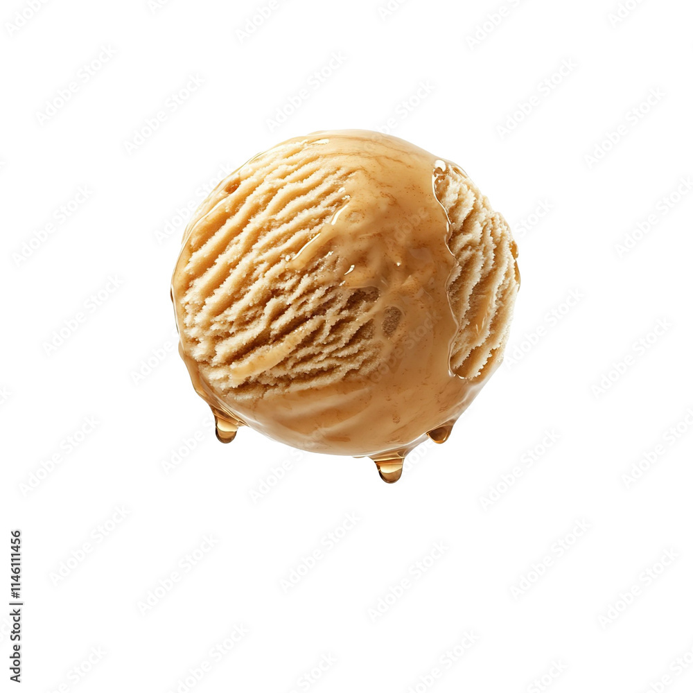 Fototapeta premium Extreme front view of a hyperrealistic single ball of maple syrup ice cream levitating in mid-air isolated on a white transparent background
