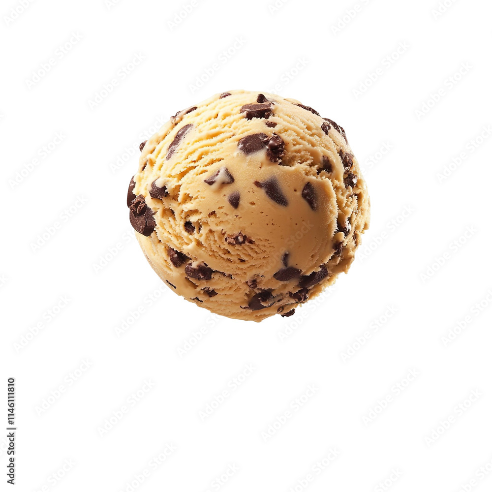 Extreme front view of a hyperrealistic single ball of peanut butter chocolate chip ice cream levitating in mid-air isolated on a white transparent background Extreme front view of a hyperrealistic single ball of peanut butter chocolate chip ice cream levitating in mid-air isolated on a white transparent background