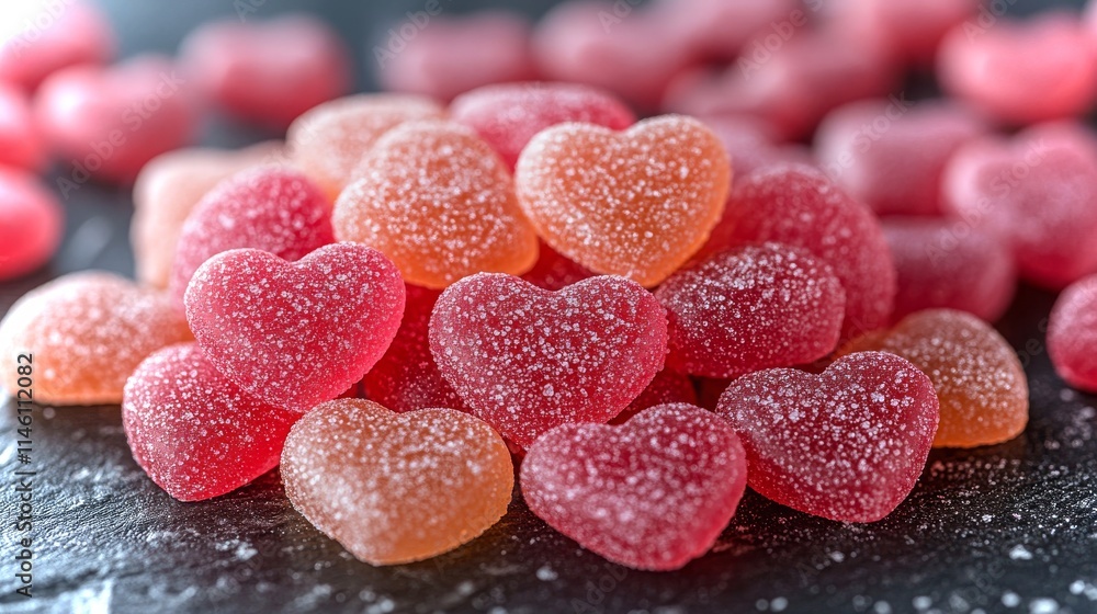Glossy heart-shaped candies piled together with a delicious shimmer on a dark surface Glossy heart-shaped candies piled together with a delicious shimmer on a dark surface