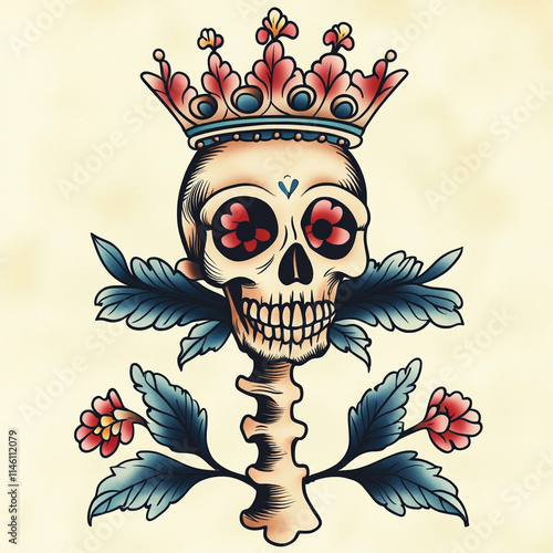 Skull and Crown Leg tattoo flash illustration photo