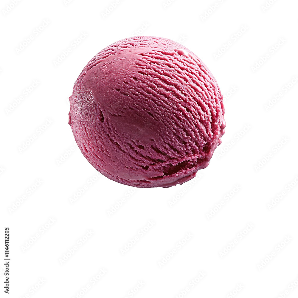 Extreme front view of a hyperrealistic single ball of raspberry sorbet ice cream levitating in mid-air isolated on a white transparent background Extreme front view of a hyperrealistic single ball of raspberry sorbet ice cream levitating in mid-air isolated on a white transparent background