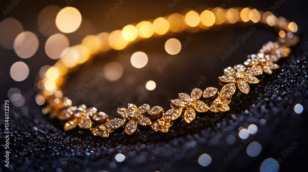 Elegant Gold Necklace with Sparkling Gems on Dark Background Elegant Gold Necklace with Sparkling Gems on Dark Background