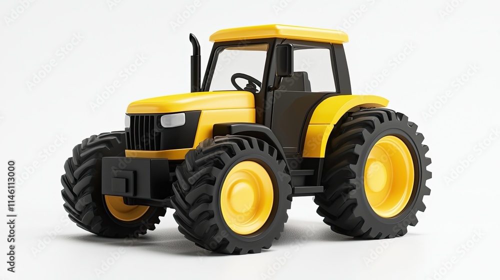 A bright yellow and black toy tractor designed for play and imaginative activities. A bright yellow and black toy tractor designed for play and imaginative activities.