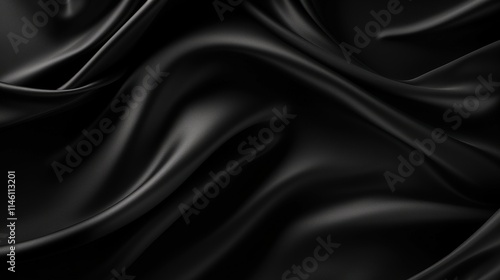 Luxurious Black Silk Satin Fabric Draped in Elegant Waves, Perfect for Fashion, Textiles, and Interior Design Projects