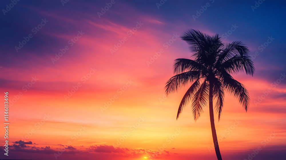 A single palm tree silhouette against a vibrant sunset sky. Stock-style, simple, and eye-catching. ultra realistic photograph --ar 16:9 A single palm tree silhouette against a vibrant sunset sky. Stock-style, simple, and eye-catching. ultra realistic photograph --ar 16:9