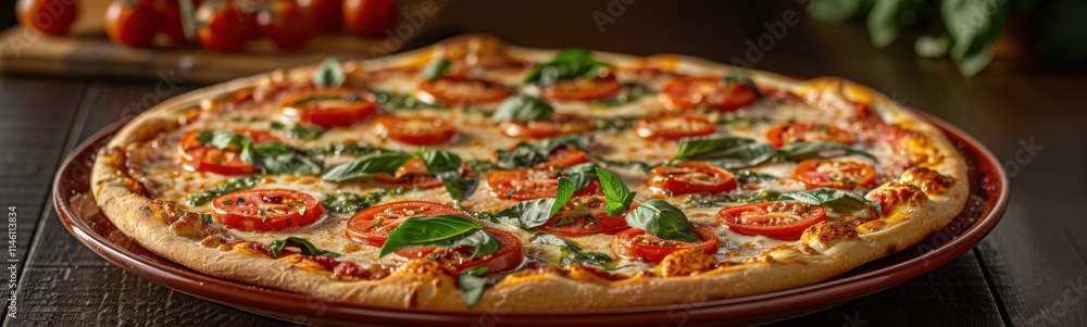 Pizza with tomatoes and basil on a plate on a table, food background, banner Pizza with tomatoes and basil on a plate on a table, food background, banner
