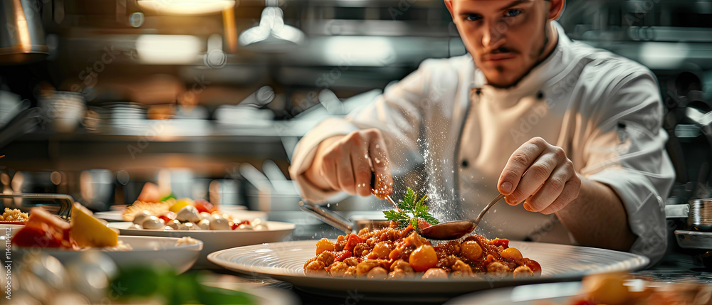 Skilled chef expertly garnishes a delicious plate of gnocchi in a busy restaurant kitchen Skilled chef expertly garnishes a delicious plate of gnocchi in a busy restaurant kitchen