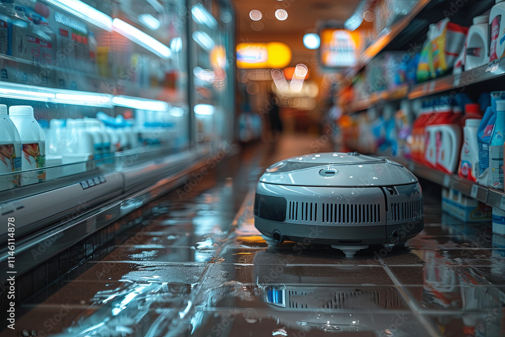 Modern robot cleaning is in a store aisle Modern robot cleaning is in a store aisle