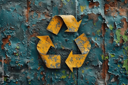 Yellow recycling symbol on the background of a wall with cracked paint from time photo