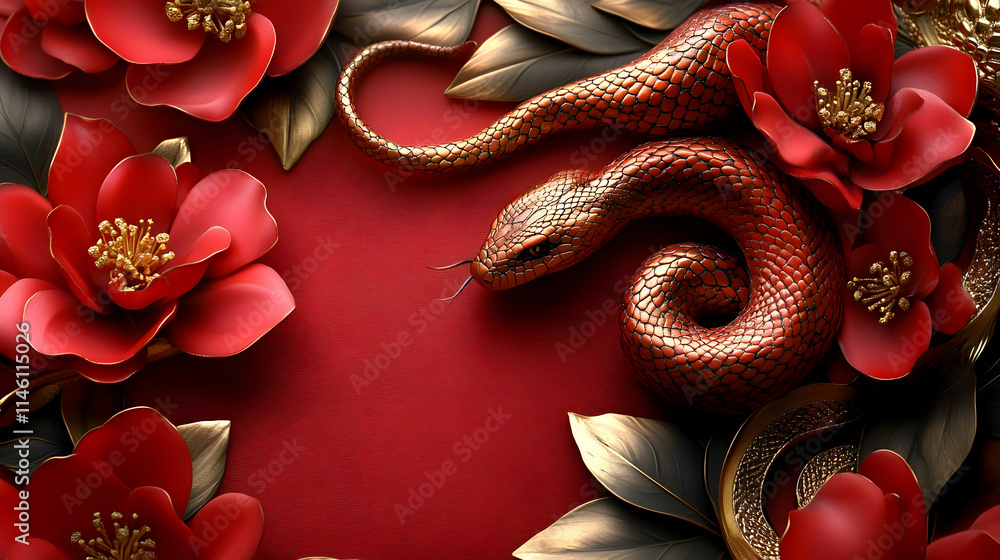Red Snake Curled Amidst Golden Flowers Red Snake Curled Amidst Golden Flowers