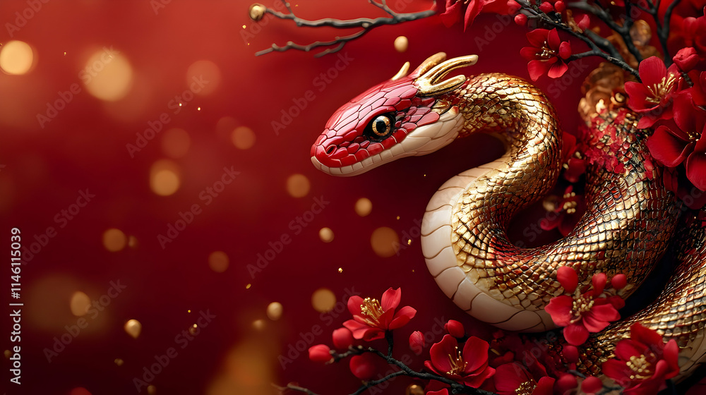 Golden & Red Snake with Blossoms: Lunar New Year Art Golden & Red Snake with Blossoms: Lunar New Year Art