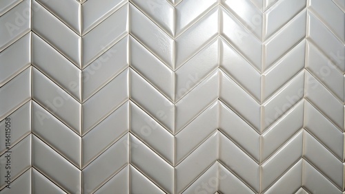 Close-up of a master bath s elegant white herringbone tile wall  detailed gray grout highlights the luxury design.