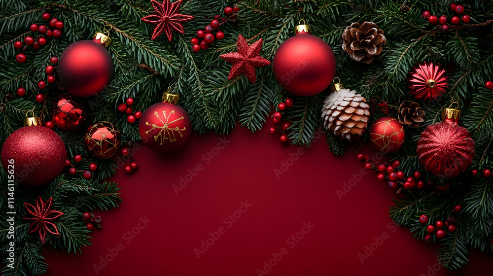 Red Christmas Ornaments & Festive Greenery Red Christmas Ornaments & Festive Greenery
