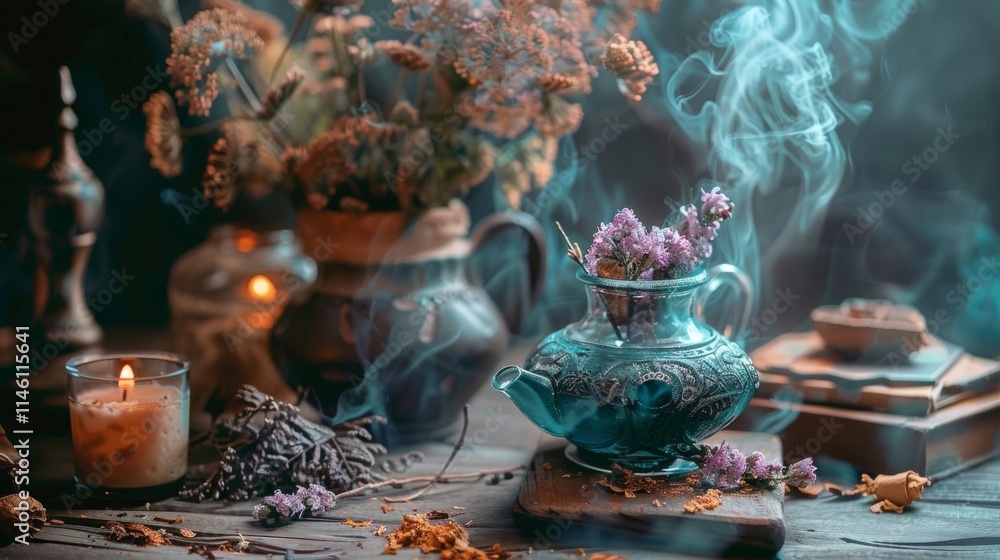 Mystical still life with smoke, candles, and glassware Mystical still life with smoke, candles, and glassware