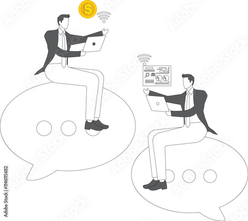 Two businessmen sitting on a speech bubble communicating