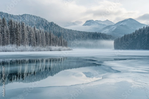 Winter Serenity: Snowy Forest Reflected on Frozen Lake