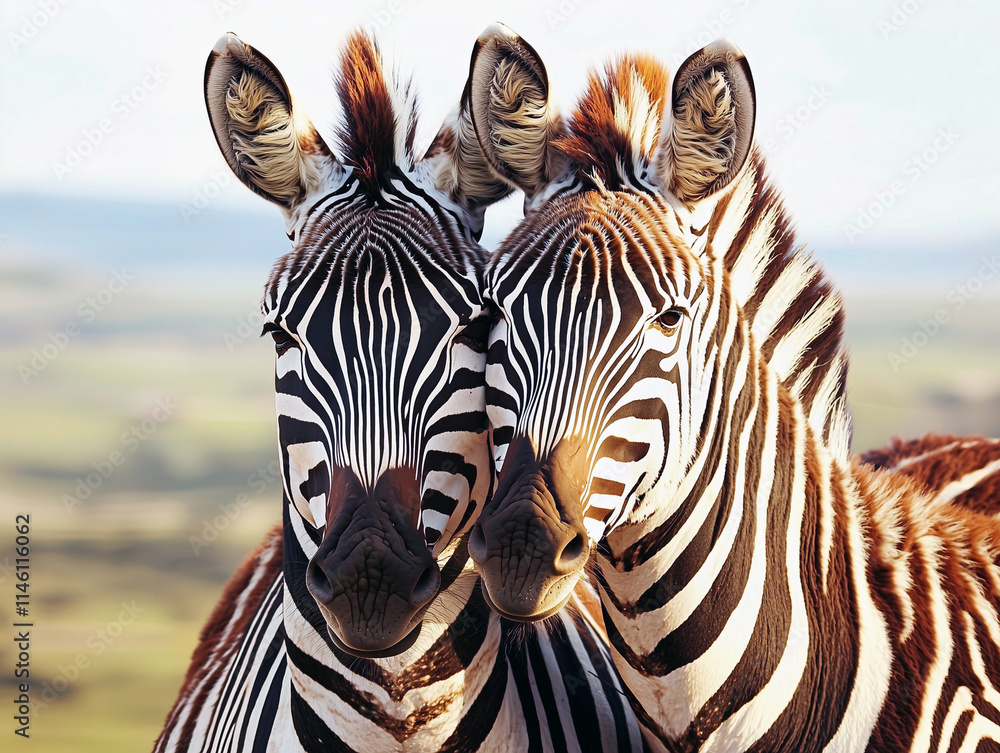 Fototapeta premium Close-up of two zebras with their heads together.