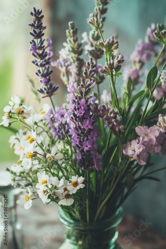 Bouquet of aromatic herbs chamomile lavender sage. Selective focus.