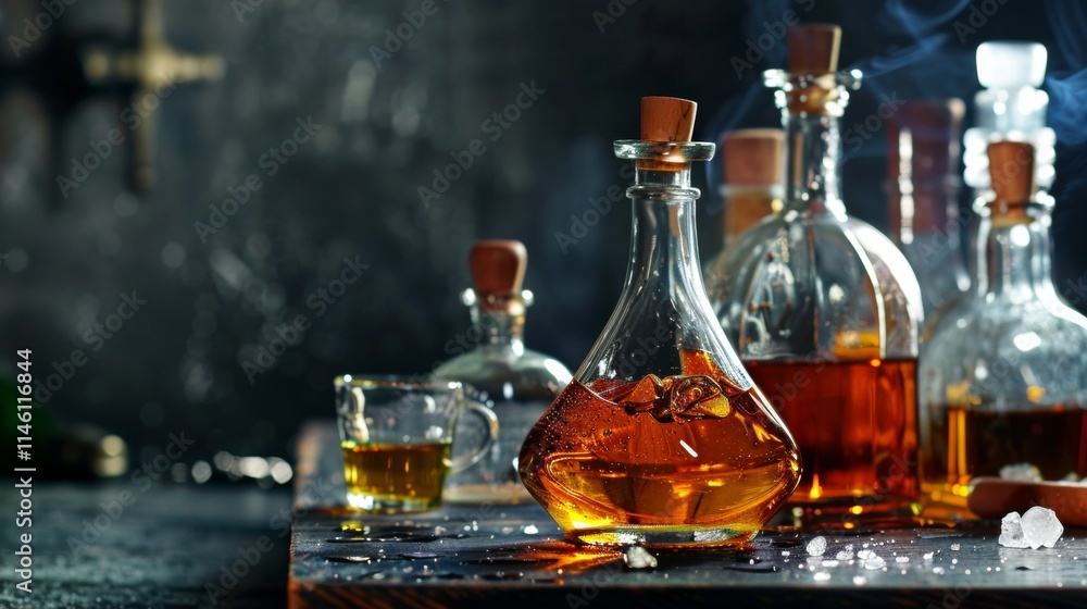 Glass bottles filled with liquor on a dark wooden surface Glass bottles filled with liquor on a dark wooden surface