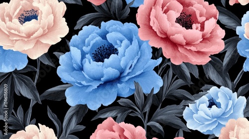 Unusual Floral summer seamless pattern. flowers on a black background. Template for fabrics, textiles, paper, wallpaper, interior decoration. Vintage