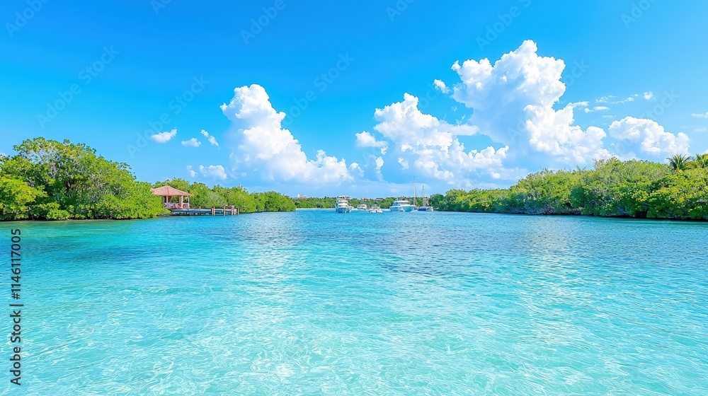 Fototapeta premium Idyllic tropical lagoon scene with clear turquoise water, lush greenery, and boats.