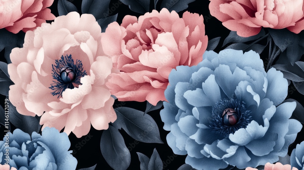 Unusual Floral summer seamless pattern. flowers on a black background. Template for fabrics, textiles, paper, wallpaper, interior decoration. Vintage