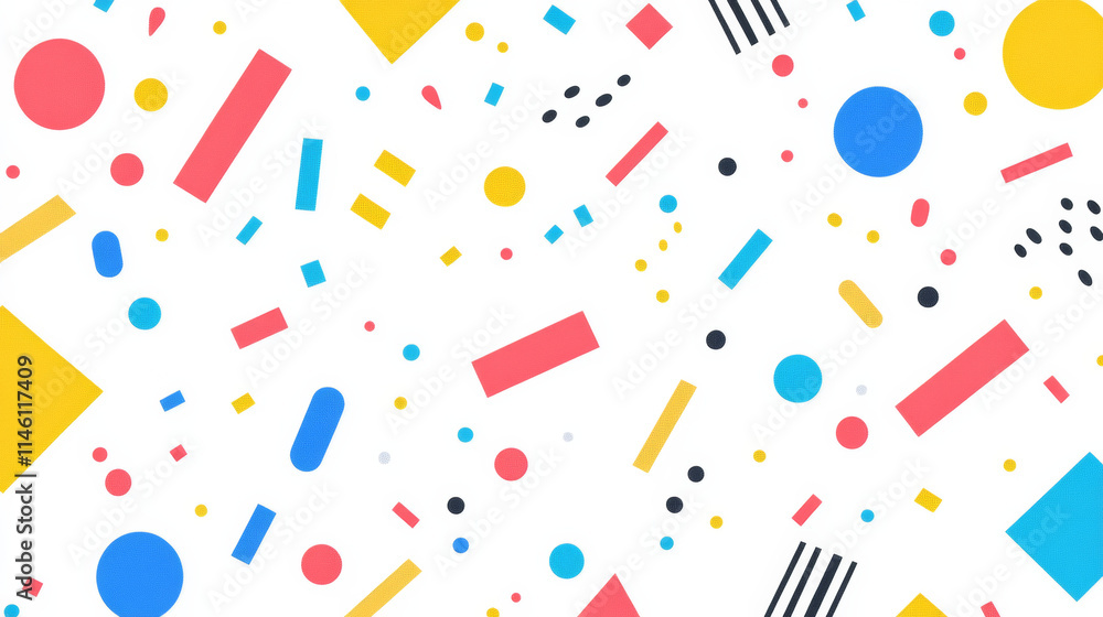 Colorful confetti pattern on white background creates fun atmosphere Colorful confetti pattern on white background creates fun atmosphere