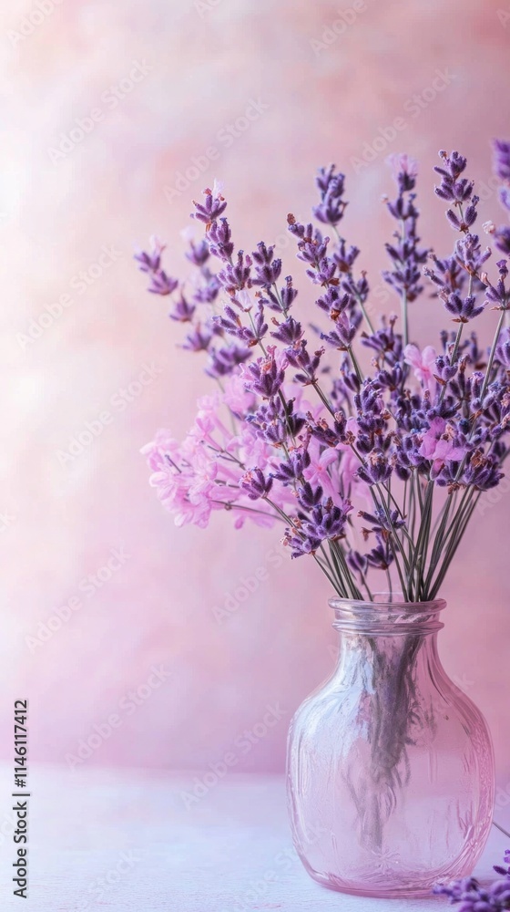 Lavender Bouquet in Pink Glass Vase: A Serene Floral Still Life Lavender Bouquet in Pink Glass Vase: A Serene Floral Still Life