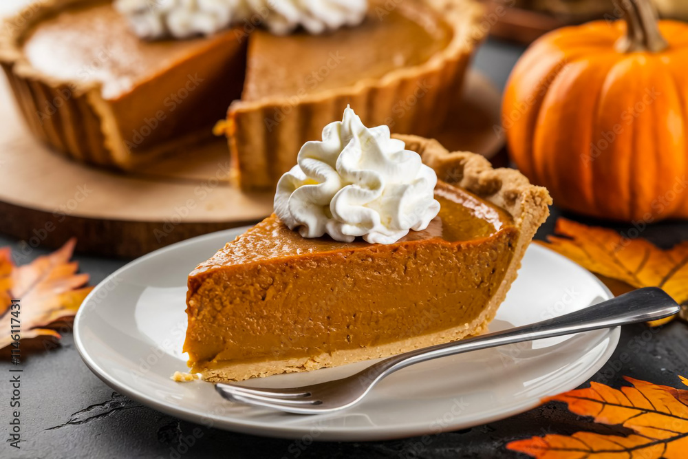 Pumpkin Pie: Spiced pumpkin filling in a flaky crust, often topped with whipped cream. A classic dessert, especially during fall.
Pumpkin Pie: Spiced pumpkin filling in a flaky crust, often topped with whipped cream. A classic dessert, especially during fall.