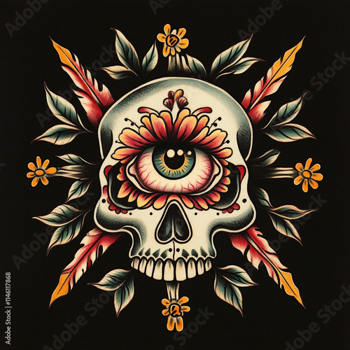 Skull and Eye tattoo flash illustration photo