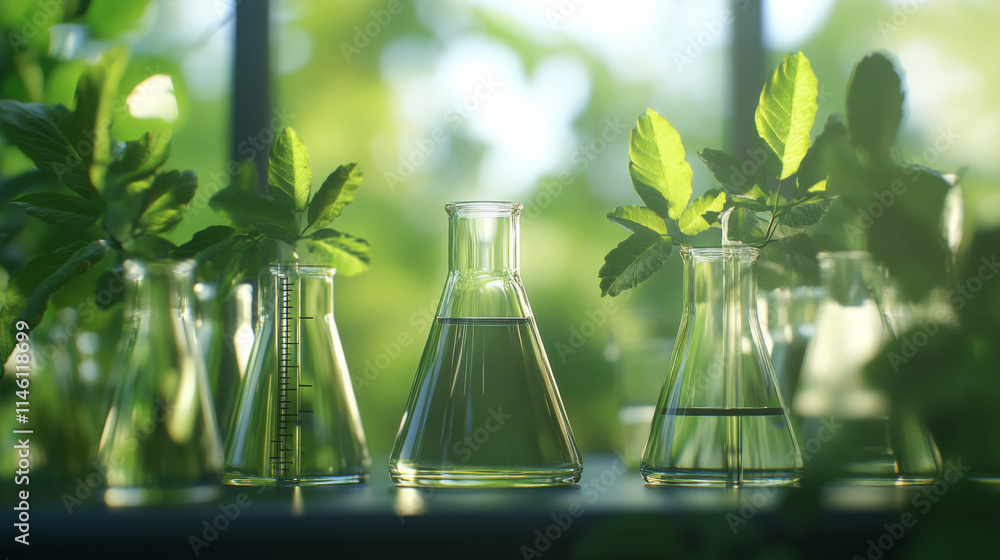 Laboratory glassware with plants in green environment, showcasing natures beauty Laboratory glassware with plants in green environment, showcasing natures beauty
