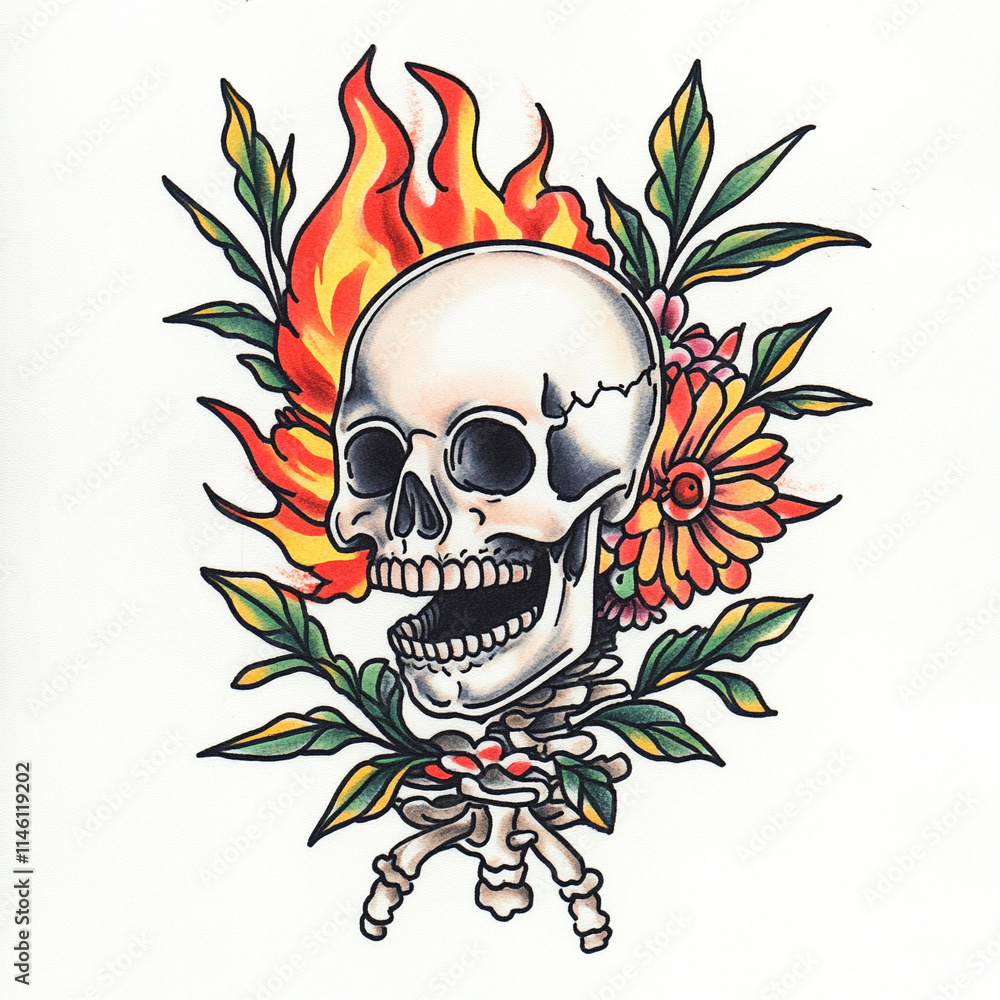 Skull and Flames tattoo flash illustration Skull and Flames tattoo flash illustration