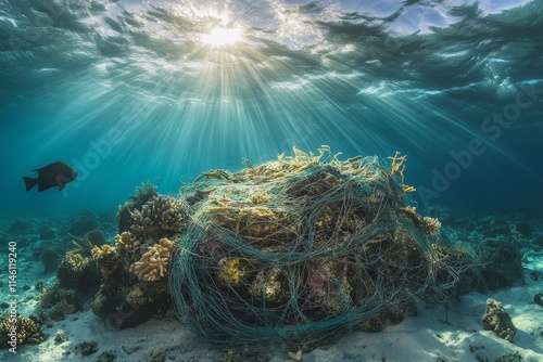 A mass of fishing net entangles a coral formation under clear waters, symbolizing the impact of discarded fishing gear on marine biodiversity and the ocean's beauty. photo