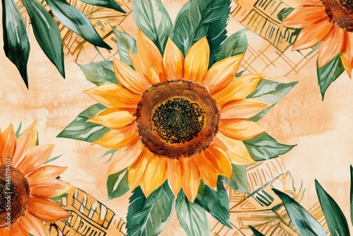 A rustic arrangement of sunflowers set against an earthy-toned background, accentuated by lush green leaves, offers a tranquil and timeless visual experience. photo