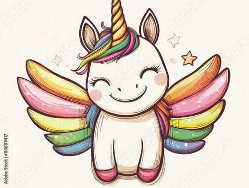 Cute smiling unicorn with rainbow wings, hand-drawn vector illustration on white for kidsa?? designs photo