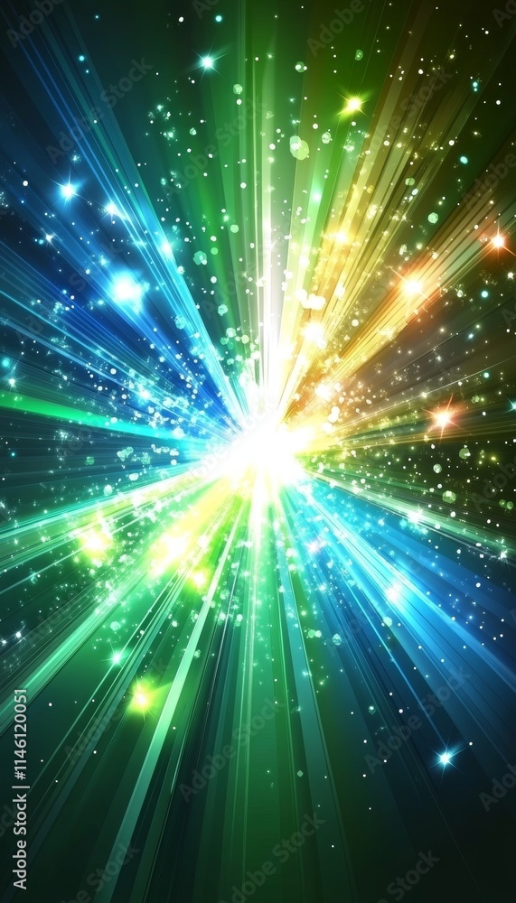 Fototapeta premium Abstract Background, Exploding Light Speed Motion With Green, Blue, Yellow Color, Digital Art
