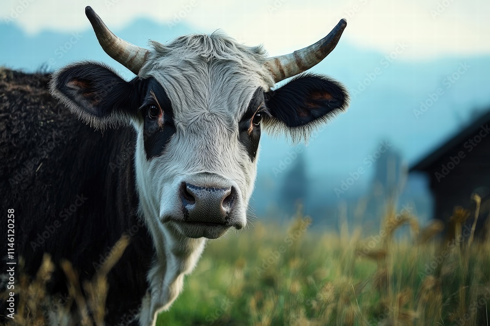 Naklejka premium Close-Up of a Majestic Cow in a Serene Pastoral Landscape Highlighting Natural Beauty and Farm Life