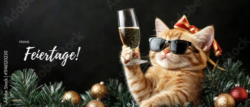 Coole Katze genießt Champagner an Weihnachten  Festtagsfoto mit stilvoller Mieze photo