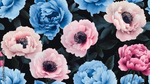 Unusual Floral summer seamless pattern. flowers on a black background. Template for fabrics, textiles, paper, wallpaper, interior decoration. Vintage