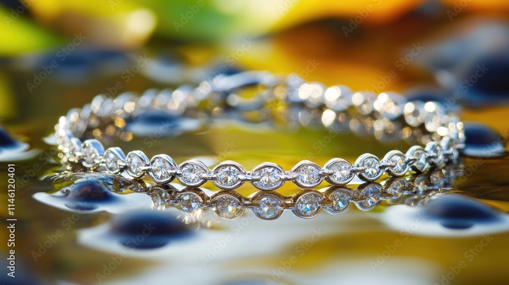 Elegant Silver Bracelet with Sparkling Diamonds on Water Surface Elegant Silver Bracelet with Sparkling Diamonds on Water Surface